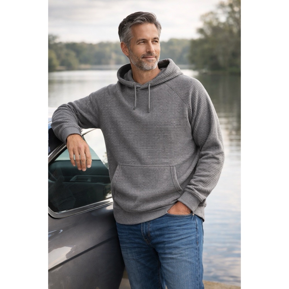 Men's‎ Gray Waffle Knit Hoodie 2XL Pullover Textured Casual Sweatshirt